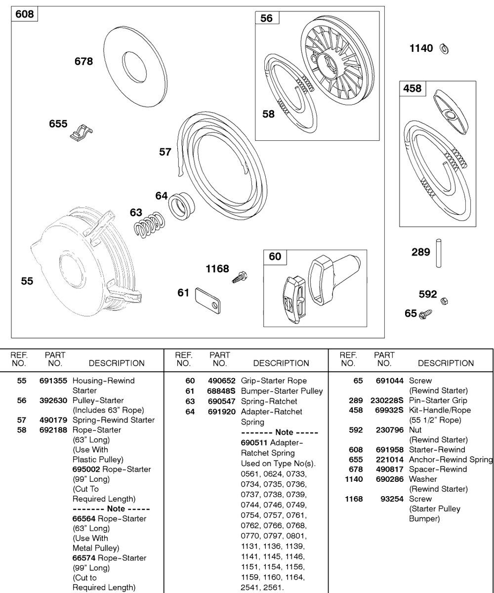 Rewind Starter Diagram and Parts List for 243432-0737-XX  Briggs and Stratton Engine